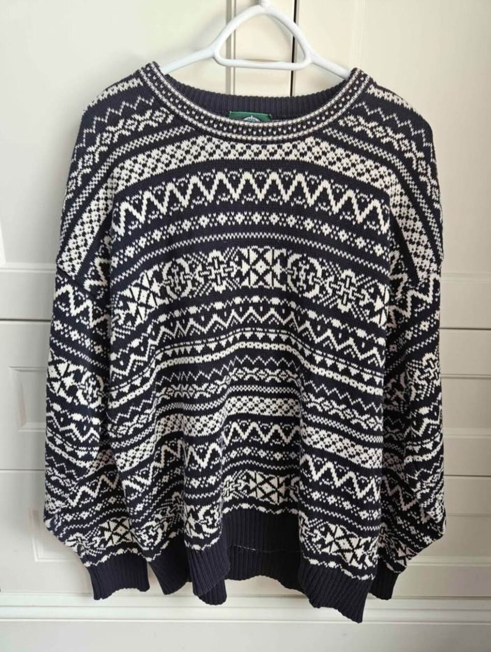 Jantzen Black & White Fair Isle Crewneck Sweater 100% Cotton